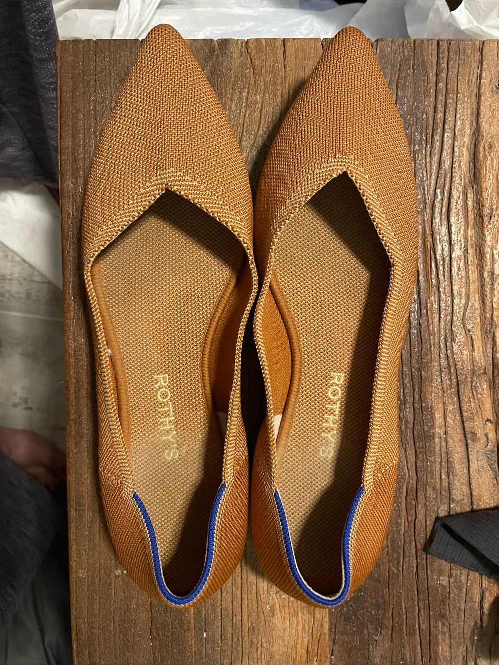Rothy's Pointed Flats in Burnt orange  with Blue Trim